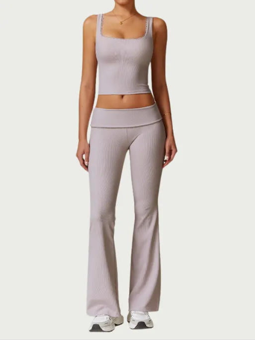 Women’s Ribbed Backless Yoga Set: High Waisted Tank and Pants