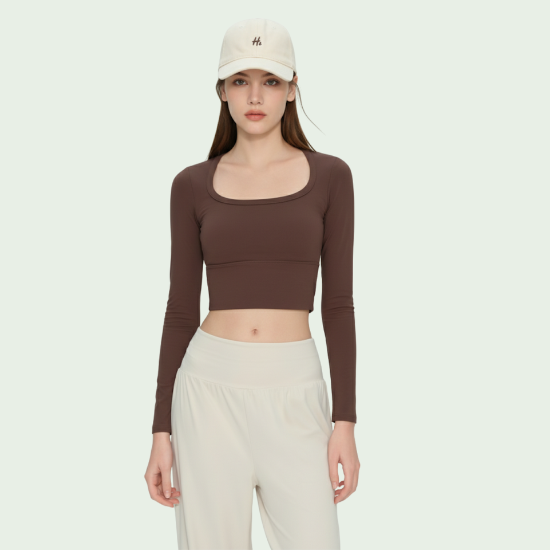 Wholesale Amos Molded Cup Long Sleeve U-Neck Active Top