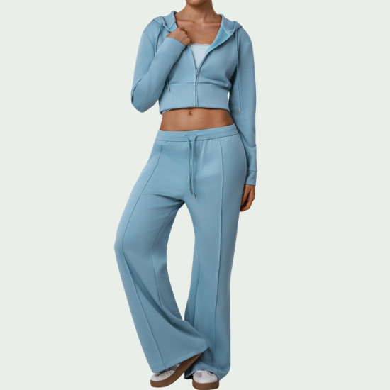 Women’s Hooded Wide-Leg Tracksuit Set – Long-Sleeve Jacket & Flared Pants